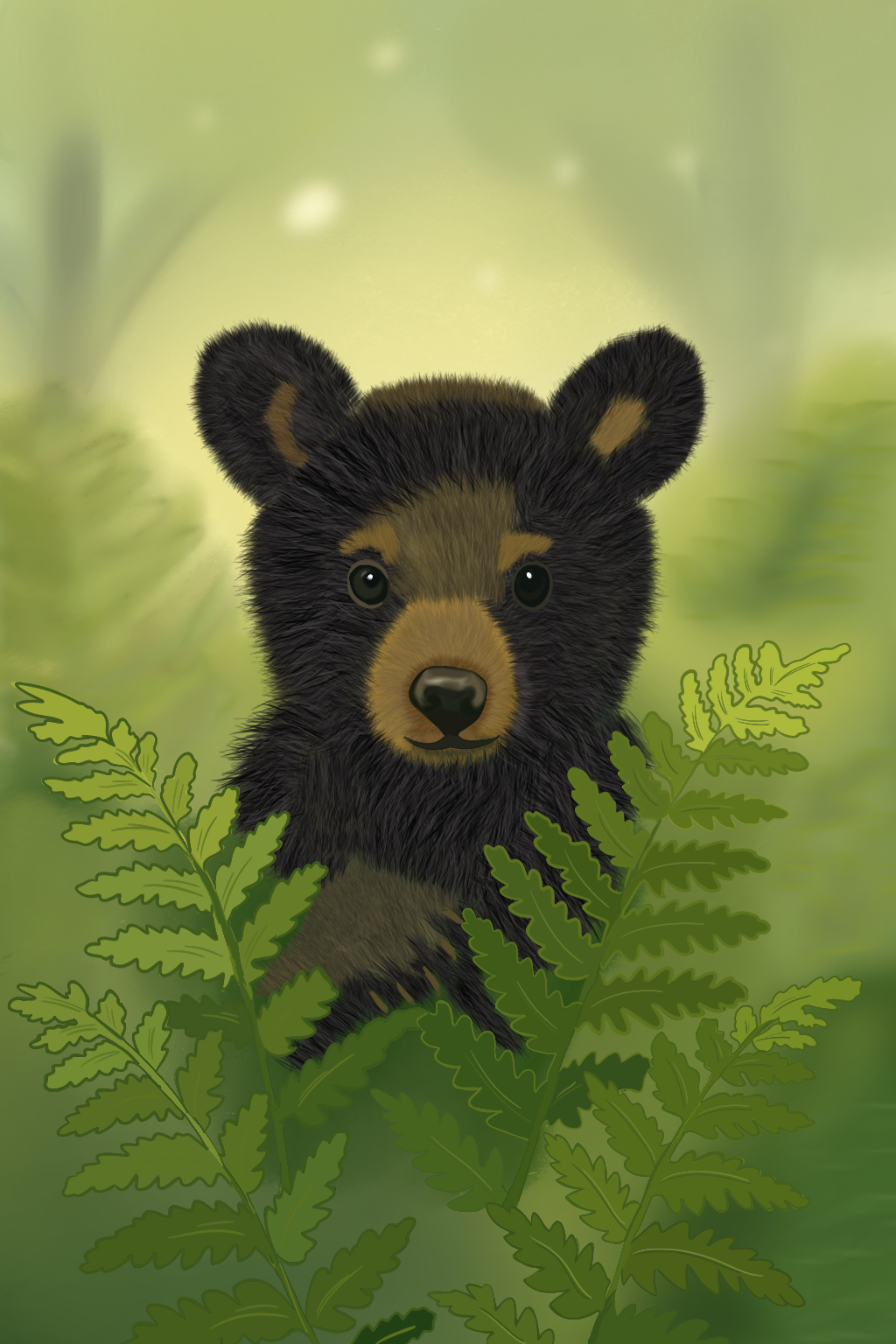 A cute bear cub peeks through green ferns in a forest. The background is softly lit, creating a peaceful and curious atmosphere.